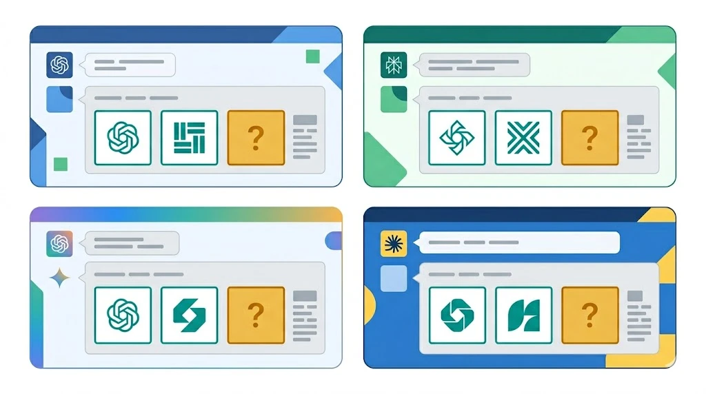 Illustration showing four AI platform answer cards where competitor brands are cited and one brand slot is empty, representing the AI citation tracking gap most SaaS founders do not know they have