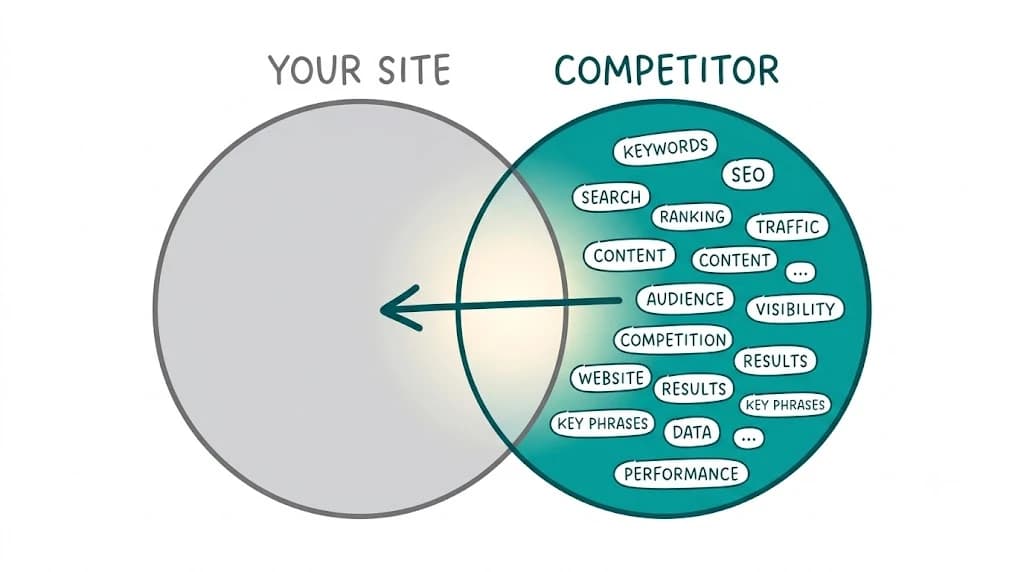 Venn diagram illustration showing competitor keywords your site isn't ranking for — the SEO gap opportunity between your content and your competitor's rankings
