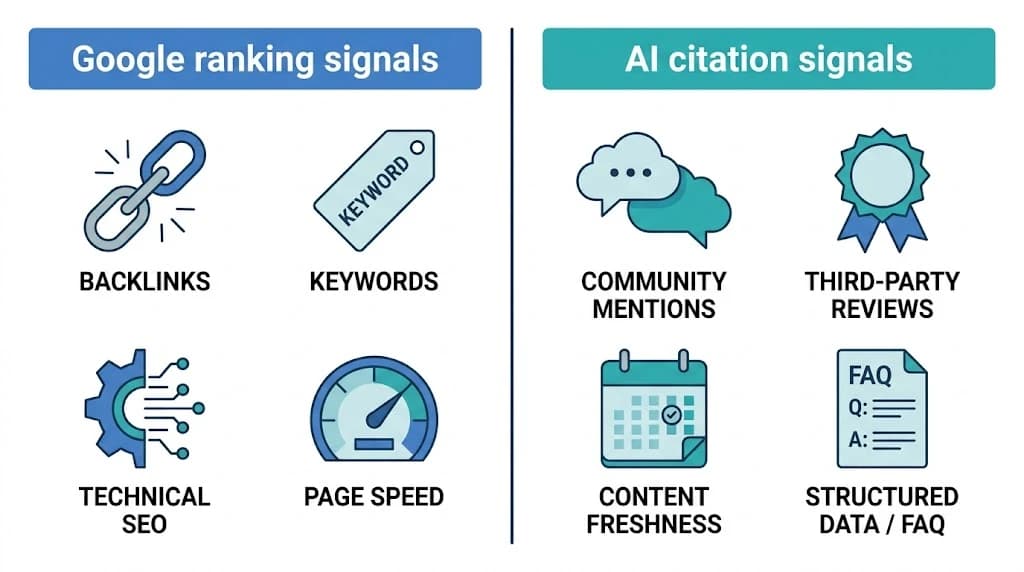 Google ranking signals and AI citation signals reward different kinds of authority. Two-column comparison illustration showing Google ranking signals including backlinks, keywords, and technical SEO on the left versus AI citation signals including community mentions, third-party validation, content freshness, and structured format on the right