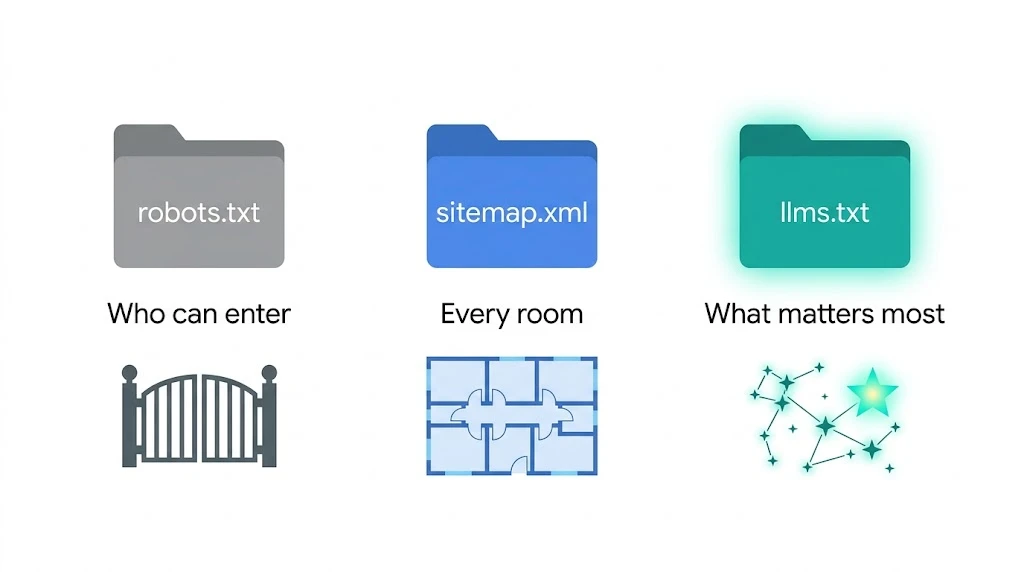 Comparison illustration showing the three website root files: robots.txt for crawler access control, sitemap.xml for full URL indexing, and llms.txt for AI content routing - each serving a different purpose in 2026 search visibility Comparison illustration showing the three website root files: robots.txt for crawler access control, sitemap.xml for full URL indexing, and llms.txt for AI content routing - each serving a different purpose in 2026 search visibility