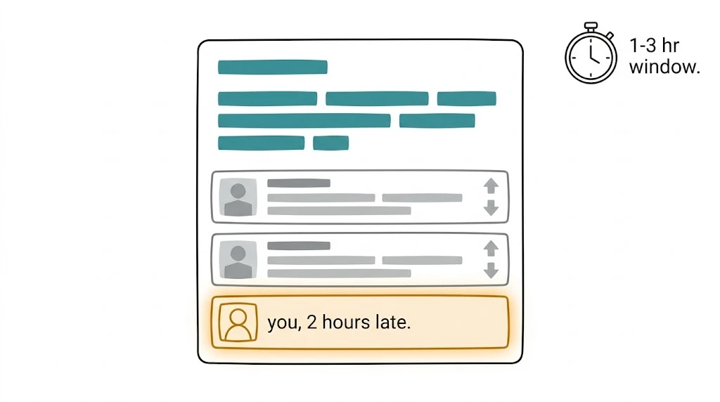 Illustration showing a Reddit buying-intent thread with competitor replies already posted and a timer showing the 1 to 3 hour engagement window closing, representing the cost of missing high-intent Reddit posts Illustration showing a Reddit buying-intent thread with competitor replies already posted and a timer showing the 1 to 3 hour engagement window closing, representing the cost of missing high-intent Reddit posts
