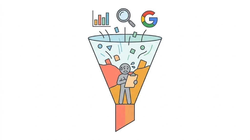 Data without execution is just a longer to-do list. Illustration showing how SEO tools produce data but stop short of execution, leaving all the work to the human